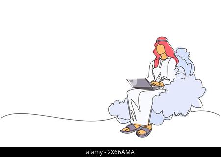 Single continuous line drawing Arab businessman sitting on cloud in sky, working with laptop. Wireless connection. Social networking, chatting using c Stock Vector