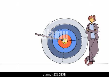 Continuous one line drawing businesswoman or manager standing next to target. Arrow hit target exactly. Successful business strategy, marketing concep Stock Vector