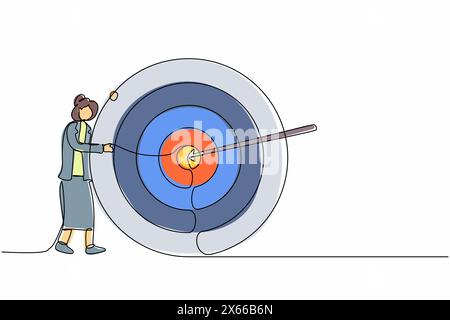 Single continuous line drawing businesswoman hugs and stands next to circle of target, arrow that hit target right in middle, analyze result of achiev Stock Vector