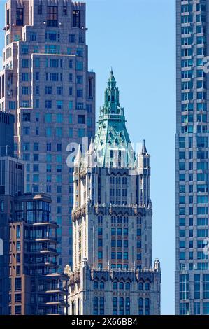 Woolworth Building, 233 Broadway, is a landmark office building in NYC’s Financial District; upper floors now converted to residential condominiums. Stock Photo