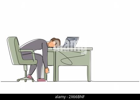 Continuous one line drawing professional burnout syndrome. Exhausted sick tired male manager in office sad boring sitting with head down on laptop. Si Stock Vector