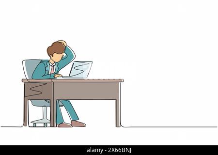 Continuous one line drawing male manager working on computer laptop. Businessman with question mark over head scratches back of his head sitting in fr Stock Vector