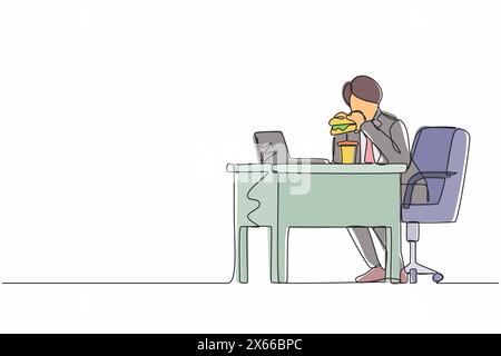 Single continuous line drawing fat obese man using laptop eating burger fast food unhealthy lifestyle concept overweight male freelancer sitting at wo Stock Vector