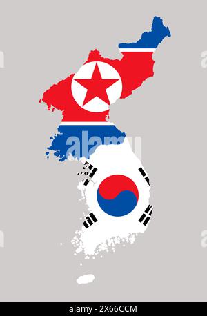 South Korea and North Korea in national flag colors. Map illustration of East Asian countries. Stock Photo