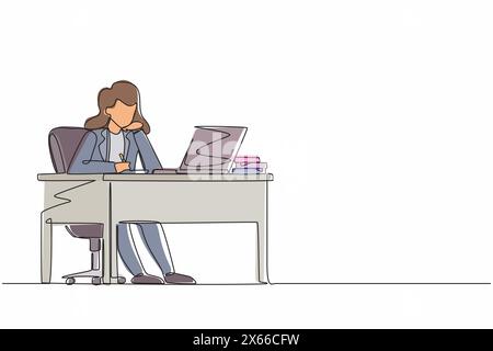 Single continuous line drawing businesswoman writing sitting in front of laptop at table. Female studying and writing in notebook, at desk in front of Stock Vector