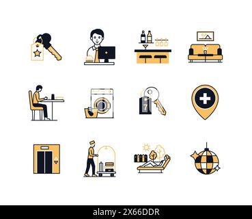 Routine and rest in the hotel - line design style icons set Stock Vector