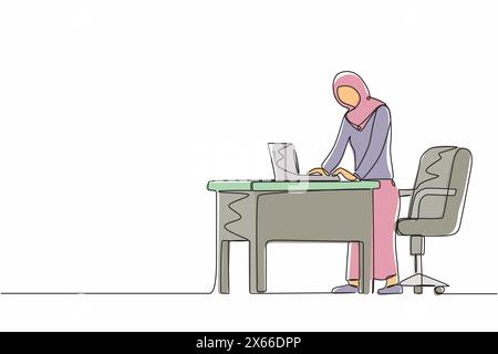 Single one line drawing woman employee working at ergonomic workstation. Office furniture with computer and laptop. Arab female standing on foot rest Stock Vector