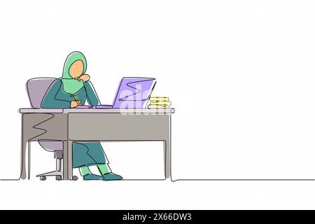 Continuous one line drawing Arabian businesswoman writing sitting in front of laptop at table. Female studying and writing in notebook, at desk in fro Stock Vector