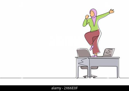 Single continuous line drawing happy office worker dancing on desk. Arabian businesswoman dancing while sitting at desk. Having fun at work. Work from Stock Vector