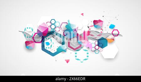Abstract wireframe wave with colorful hexagons and plexus effect. Scientific and technological background. Vector. Stock Vector