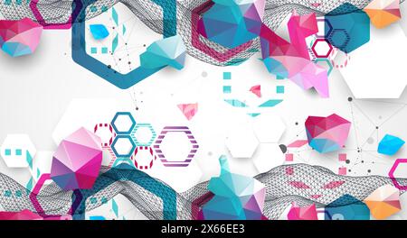 Abstract wireframe wave with colorful hexagons and plexus effect. Scientific and technological background. Vector. Stock Vector
