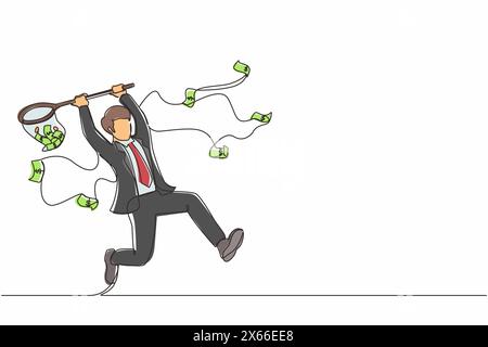 Single continuous line drawing businessman trying to catch flying money with butterfly net. Happy running entrepreneur man using business opportunity Stock Vector