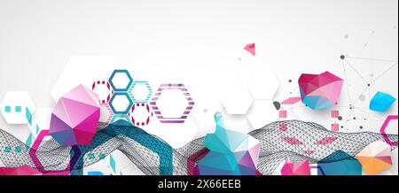 Abstract wireframe wave with colorful hexagons and plexus effect. Scientific and technological background. Vector. Stock Vector