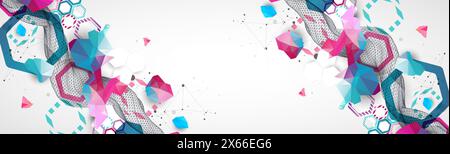 Abstract wireframe wave with colorful hexagons and plexus effect. Scientific and technological background. Vector. Stock Vector