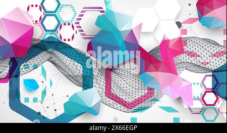 Abstract wireframe wave with colorful hexagons and plexus effect. Scientific and technological background. Vector. Stock Vector