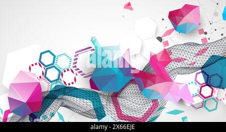 Abstract wireframe wave with colorful hexagons and plexus effect. Scientific and technological background. Vector. Stock Vector