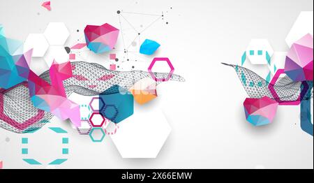 Abstract wireframe wave with colorful hexagons and plexus effect. Scientific and technological background. Vector. Stock Vector