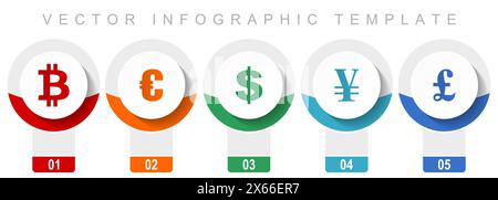 Currency icon set, miscellaneous vector icons such as bitcoin, euro, dollar, yen and pound, modern design infographic template, web buttons in 5 color Stock Vector