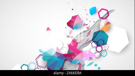 Abstract wireframe wave with colorful hexagons and plexus effect. Scientific and technological background. Vector. Stock Vector