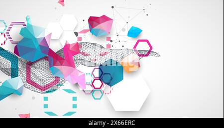 Abstract wireframe wave with colorful hexagons and plexus effect. Scientific and technological background. Vector. Stock Vector