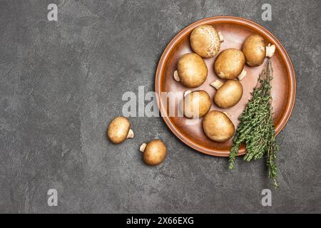Champignon mushrooms in ceramic plate. Sprig of thyme. Black background. Flat lay. Copy space Stock Photo