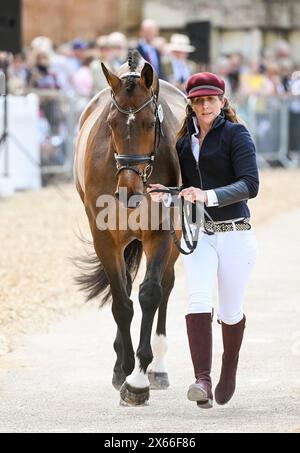 Caroline Powell and GREENACRES SPECIAL CAVALIER - Vets Inspection, Badminton Horse Trials, Gloucestershire UK 8 May 2024 Stock Photo