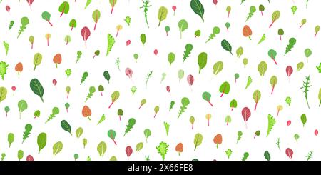 Mix of salad leaves. Cartoon set of green red raw leaves seamless pattern. Arugula, spinach, lettuce leaf, watercress. Organic vitamin ingredients for Stock Vector