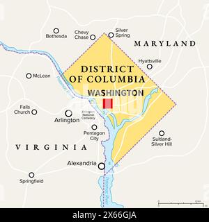 Washington, D.C., political map. District of Columbia, capital city and federal district of the United States. Located on the Potomac River. Stock Photo