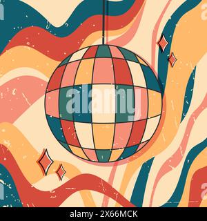 Disco ball in vintage groovy style. Trendy retro design with grunge texture. Vector illustration Stock Vector