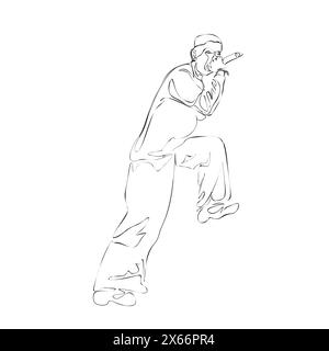 Man singer silhouette, man singing on mic, singer singing silhouette, vocalist singing to microphone One continuous line vector illustration Stock Vector