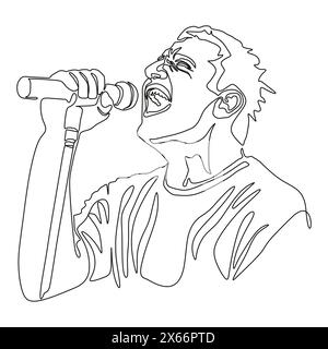 Man singer silhouette, man singing on mic, singer singing silhouette, vocalist singing to microphone One continuous line vector illustration Stock Vector