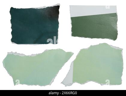 Torn green magazine papers for using as text background on white background with clipping path Stock Photo