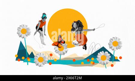 Happy playful little girls, children cheerfully playing outdoors on light background with colorful elements. Contemporary art collage. Stock Photo