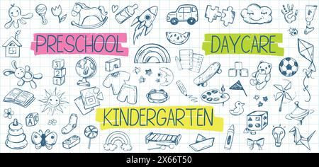 Kindergarten doodle icons on checkered paper background. Preschool daycare set. Kids education line art, school items. Children hand drawn toys and animals on sheet of notebook. Baby seamless pattern. Stock Vector