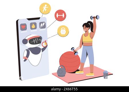 Personal coaching, online training with ai fitness chatbot. Woman use artificial intelligence for engage health goals. Robot in mobile app help doing healthy exercises. Sport athletic coach technology Stock Vector