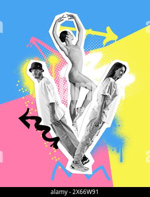 Poster. Contemporary art collage. Tender ballerina dancing with couple of hip-hop dancers against vibrant background. Trendy magazine style. Stock Photo