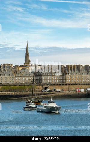 View of Saint-Malo with the port and the historic walled city in the background,  Ille-et-Vilaine, Brittany, France Stock Photo