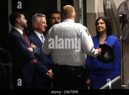 New York, United States. 13th May, 2024. Sen. J.D. Vance, R-OH, Sen. Tommy Tuberville, R-AL, and Rep. Nicole Malliotakis, R-NY, arrive at the courthouse where former President Donald Trump is on trial in New York on Monday, May 13, 2024. Michael Cohen, a one-time fixer and personal attorney to former President Donald Trump, will take the stand today to begin testifying in the hush-money criminal trial against the former president. Pool photo by Spencer Platt/UPI Credit: UPI/Alamy Live News Stock Photo