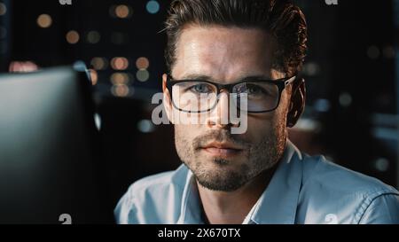 Portrait of Male Startup Digital Entrepreneur Working on Computer, Looking at Camera Line of Code Reflecting in Glasses. Developer Working on Innovative e-Commerce App using Big Data. Stock Photo