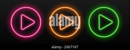 Neon light play button. Glow of the game sign. Musical laser triangle in a circle. Vector symbol for design in clubs and cinema. Stock Vector