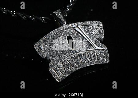 Rawkus Records Necklace on display for 'Ice Cold: An Exhibition of Hip-Hop Jewelry' at the American Museum of Natural History in New York City. Stock Photo