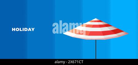 Abstract retro minimal summer travel horizontal banner. Vintage print rest on sea beach under parasol sun umbrella. Summertime tourist vacation party graphic design. Trendy minimalist seasonal cover Stock Vector