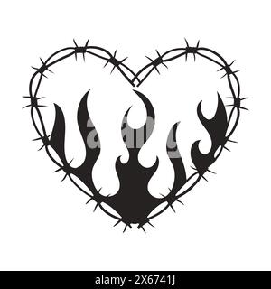 Wire Barb heart frame y2k tattoo border with flame silhouette gothic spiky punk print neo tribal isolated on white background. Barbwire emo boundary heart shape. Vector illustration Stock Vector
