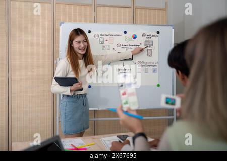 ux developer and ui designer presenting mobile app interface design on whiteboard in meeting at office. Creative digital development mobile app agency Stock Photo