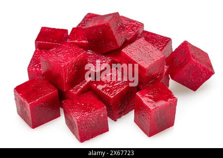 Raw red beetroot cubes isolated on white background. Stock Photo