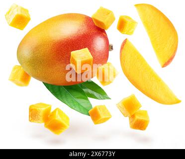 Mango fruits and mango slices levitating in air on white background.  File contains clipping paths. Stock Photo