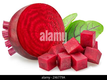 Red beetroot cross section and diced beetroot cuts isolated on white background. Stock Photo