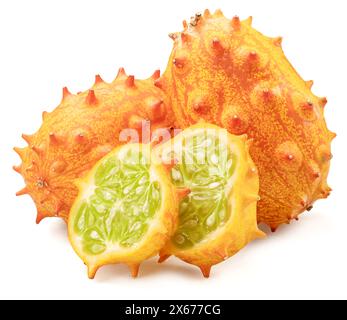 Kiwano fruit with kiwano slices isolated on white background. Stock Photo
