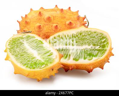 Kiwano fruit with kiwano slices isolated on white background. Stock Photo