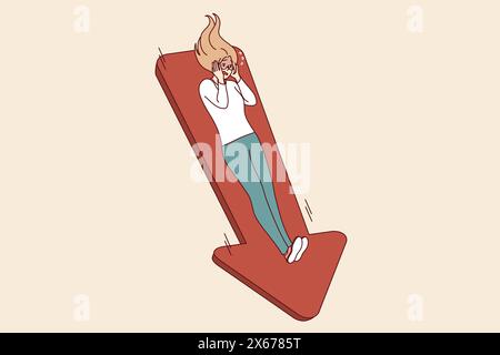 Frightened woman suffering from falling income and risk of bankruptcy, lying on down arrow. Danger of bankruptcy and sharp reduction in salary for girl is caused by financial crisis Stock Vector